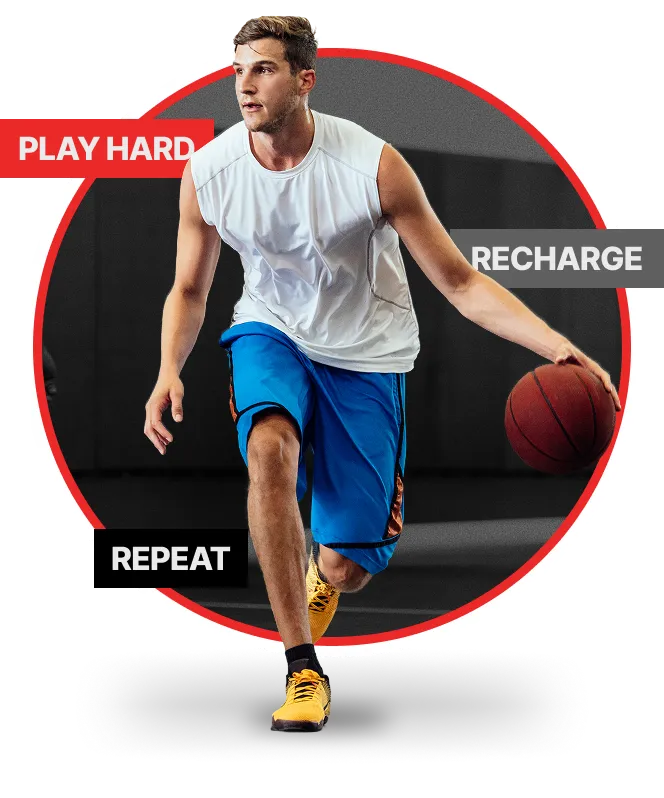 A man playing basketball with the words "Play Hard", "Recharge", and "Repeat" surrounding him