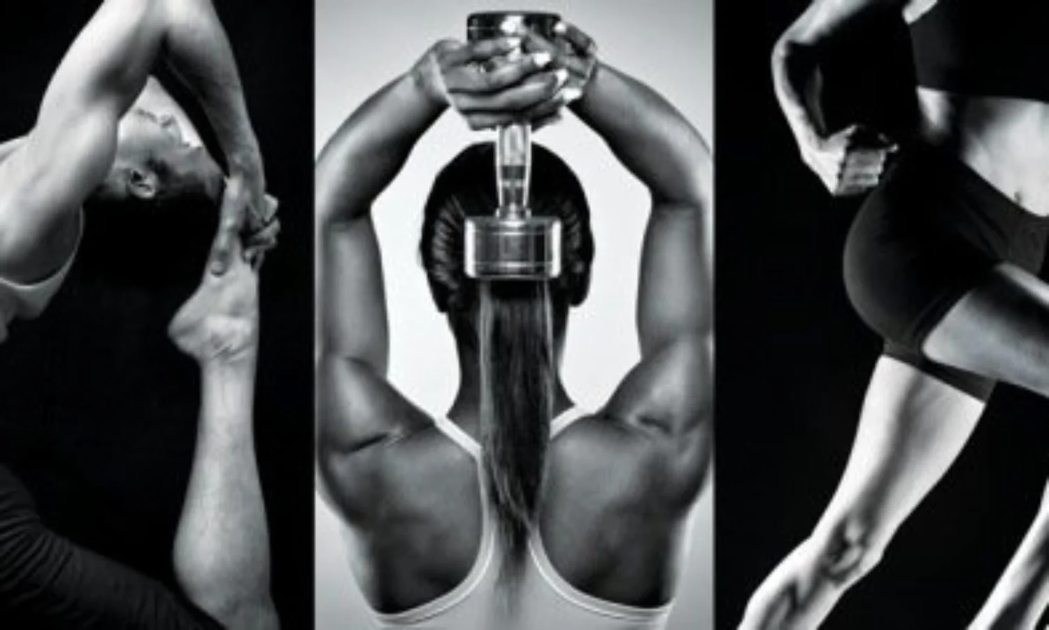 Three athletes in one panel completing exercises
